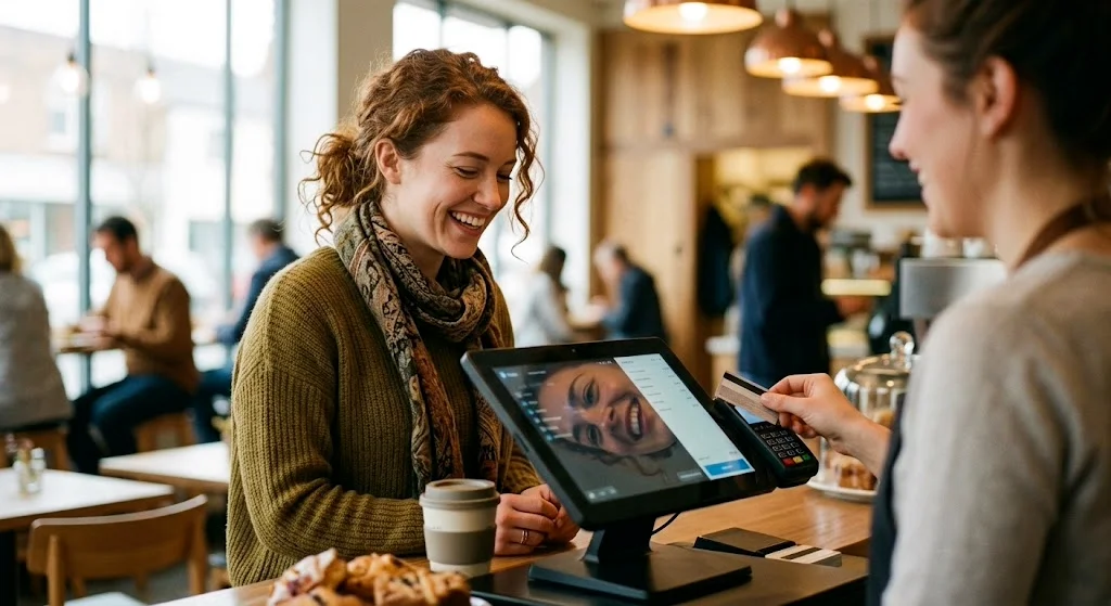 A smiling customer paying at a retail point of sale