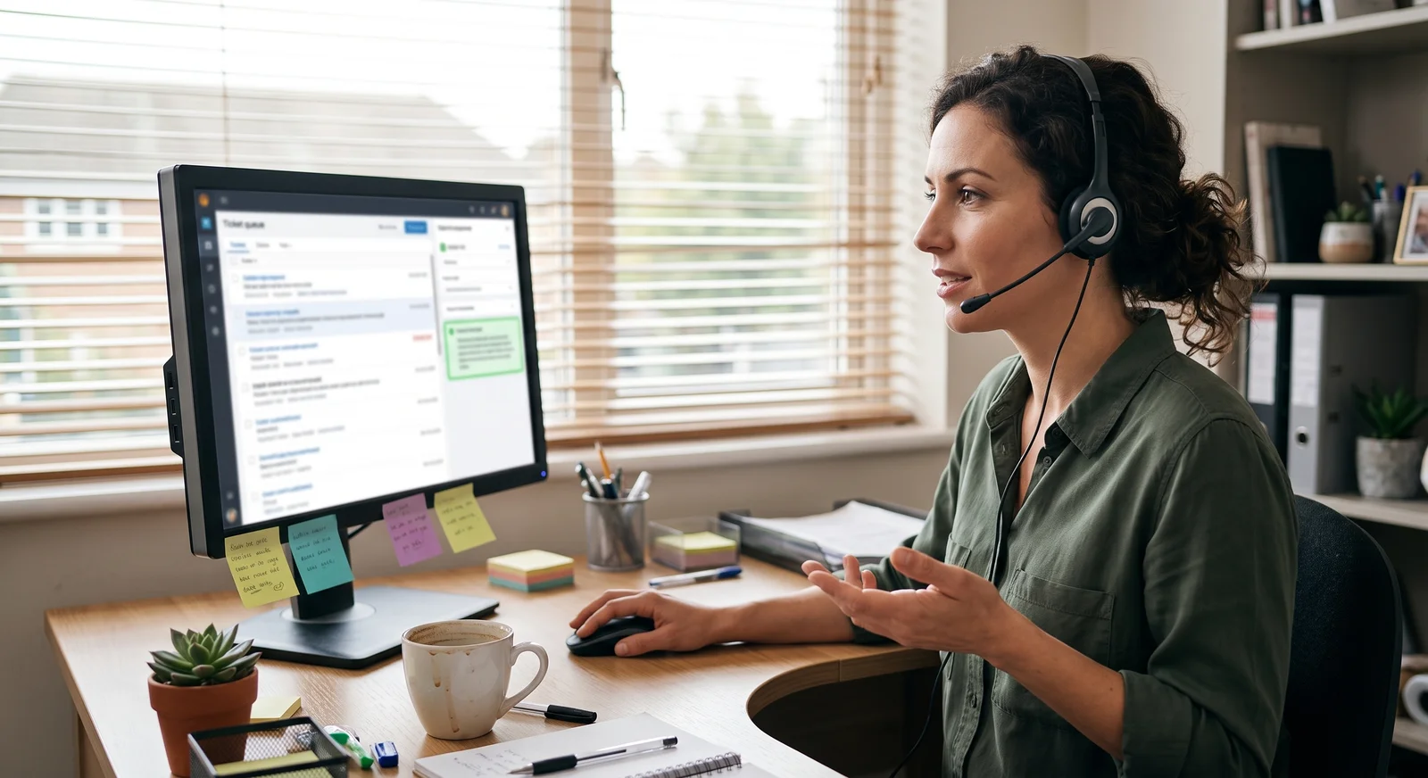 A support operator with a headset reviewing a ticket queue where an assistant panel suggests a resolution