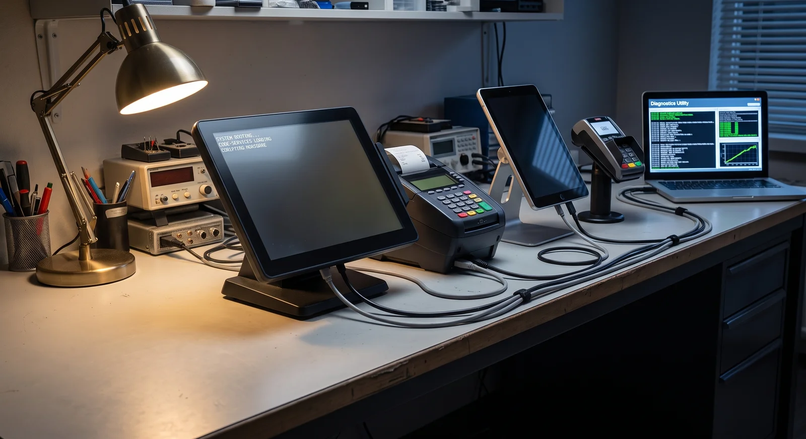 A technician bench with several different POS terminals and payment devices cabled to a diagnostics laptop